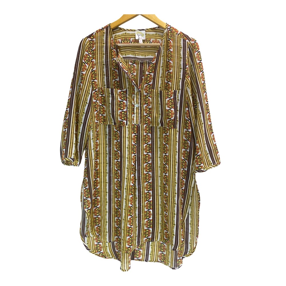 Fig & Flower Boho Chiffon Tunic Blouse L Long Sheer Anthro Style Beach Cover‎ Up